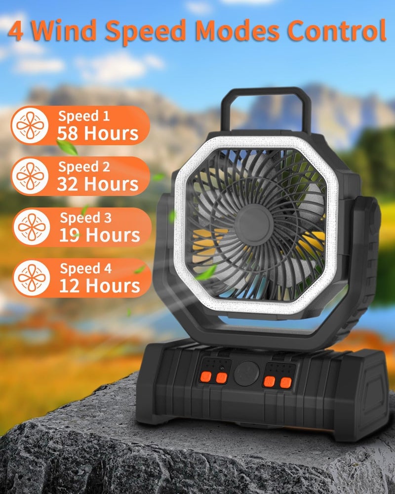 Adust Portable Camping Fan Battery Powered Operated with LED Light 20000mAh Rechargeable Oscillating Fan with 360° Rotation Hanging Hook for Tents, USB Desk Fan for Bedroom, Office (Black) - Image 2